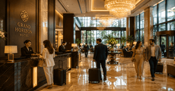 Upscale hotel lobby used to represent hotel revenue management, pricing strategy, and guest demand optimization