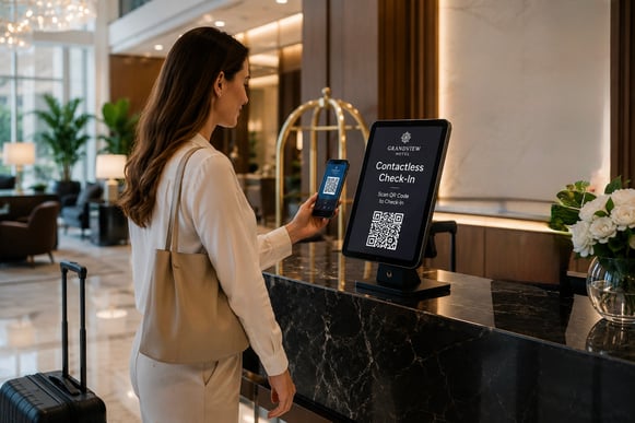 Guest using a contactless check-in kiosk with mobile phone in a luxury hotel lobby.
