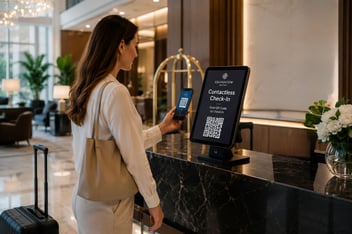 Guest using mobile phone for contactless hotel check-in