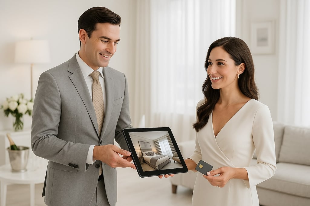 Hotel front desk staff offering room upgrade to guest