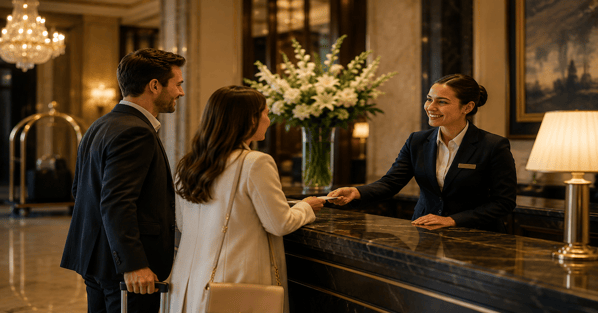 Luxury hotel receptionist warmly greeting arriving guests at check-in